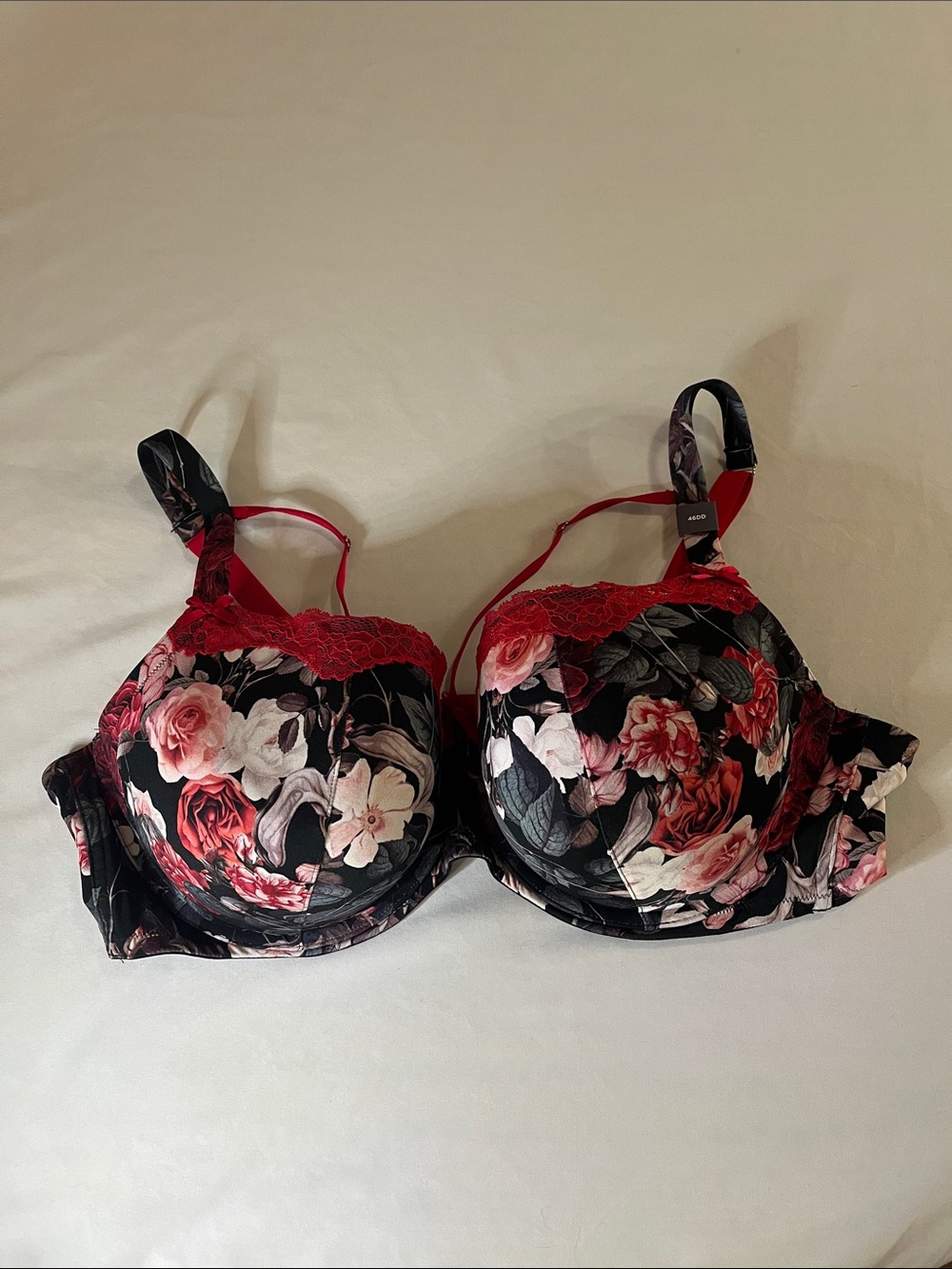 Whimsigoth Cacique 46DD Boost Balconette Floral Underwire Bra in Black & Red